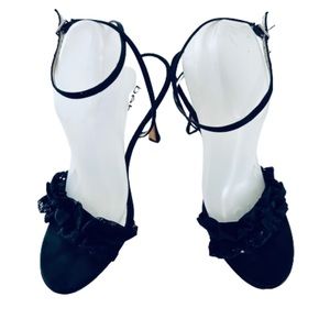Bebe heels with lace in front and bow tie black satin size 10M